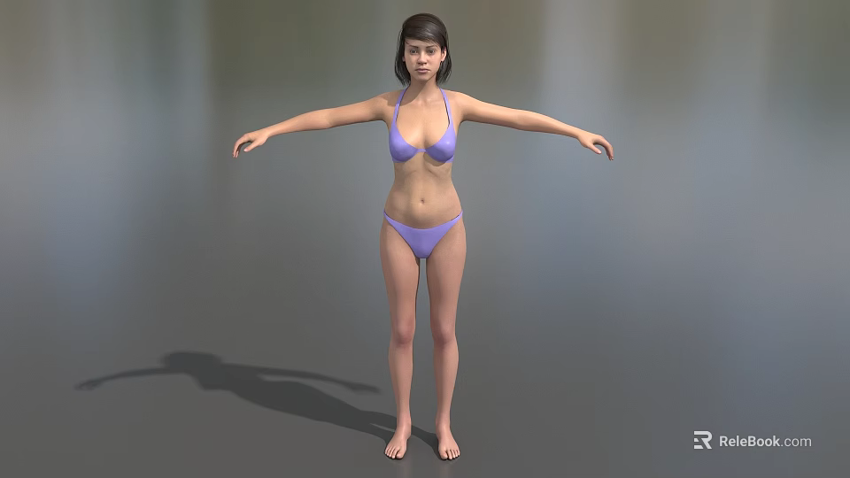 Game Movie Female Character In Purple Bikini Standing With Arms Outstretched On Gray Background 3d model 