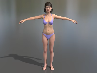 Game Movie Female Character In Purple Bikini Standing With Arms Outstretched On Gray Background 3d model