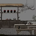 Rustic Countryside Landscape With Thatched Roof Wooden Shelf Red Clay Jars Stone Table And Benches