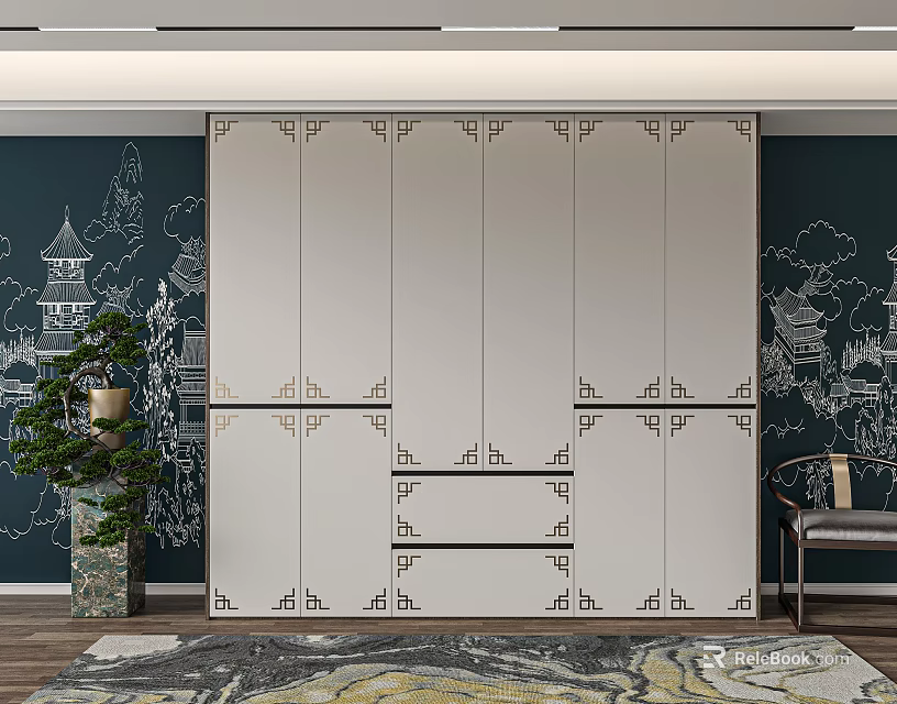 White Chinese Patterned Wardrobe With Blue Background Wall And Chinese Style Interior Decor 3d model 