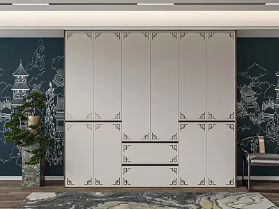 White Chinese Patterned Wardrobe With Blue Background Wall And Chinese Style Interior Decor 3d model