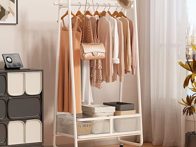 Light Colored Clothes Hanging On White Rack With Handbag And Storage Basket In Room 3d model