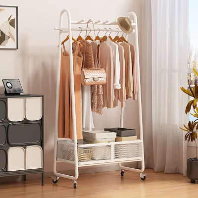 Light Colored Clothes Hanging On White Rack With Handbag And Storage Basket In Room 3d model