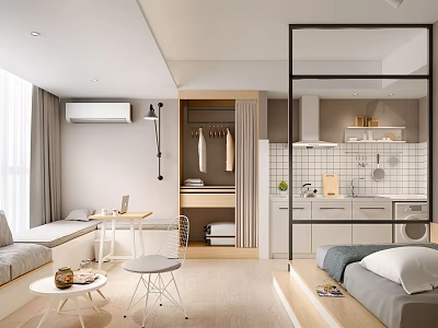 Modern Apartment With Open Layout Living Area Kitchen Sofa Small Table And Window Seat 3d model