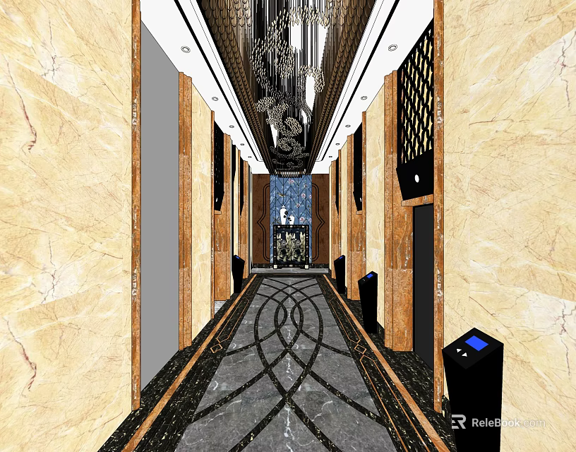 Elegant Elevator Corridor With Marble Walls Decorative Floor Chandelier And Doors 3d model 