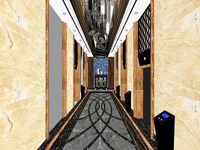 Elegant Elevator Corridor With Marble Walls Decorative Floor Chandelier And Doors 3d model
