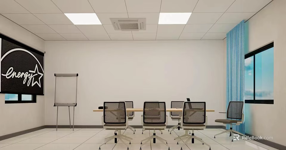 Modern Conference Room Interior With White Walls Blue Curtains Ceiling Lights Conference Table And Chairs 3d model 