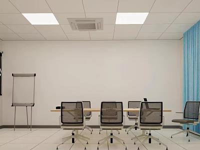Modern Conference Room Interior With White Walls Blue Curtains Ceiling Lights Conference Table And Chairs 3d model