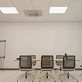 Modern Conference Room Interior With White Walls Blue Curtains Ceiling Lights Conference Table And Chairs