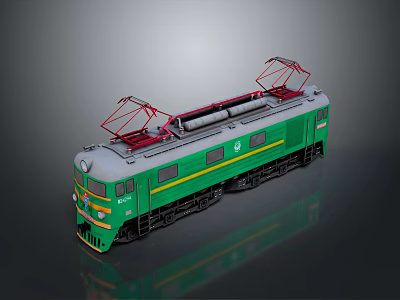 Green Electric Train Model with Red Pantographs Yellow Stripes on Reflective Surface 3d model