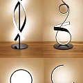 Tech Exhibition Hall Featuring Modern Innovative LED Sculptural Lighting with Curved Lines and Black Bases