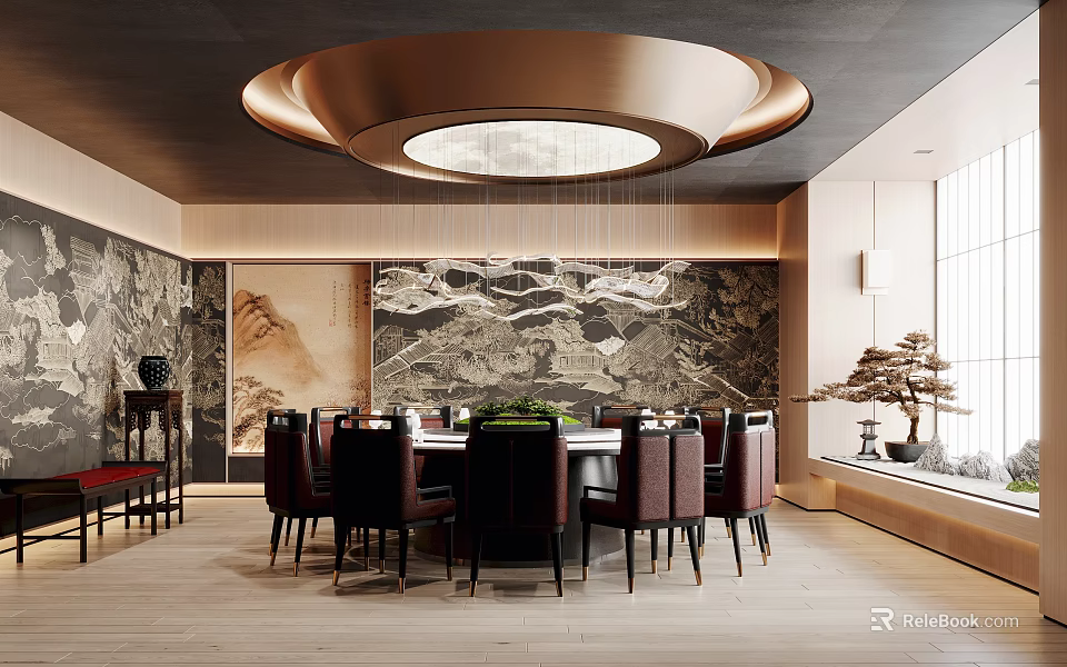 Private Dining Room With Round Table And Chinese Style Decor 3d model