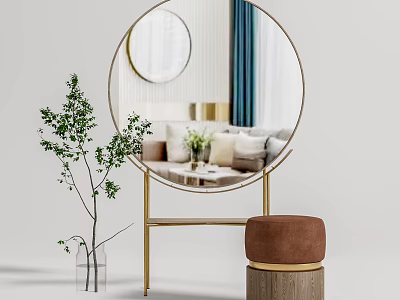 Modern Dressing Table With Golden Stand Round Mirror Brown Stool And Green Plant 3d model