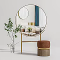 Modern Dressing Table With Golden Stand Round Mirror Brown Stool And Green Plant