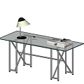 Modern Glass Top Desk with Metal Frame Table Lamp and Stack of Books