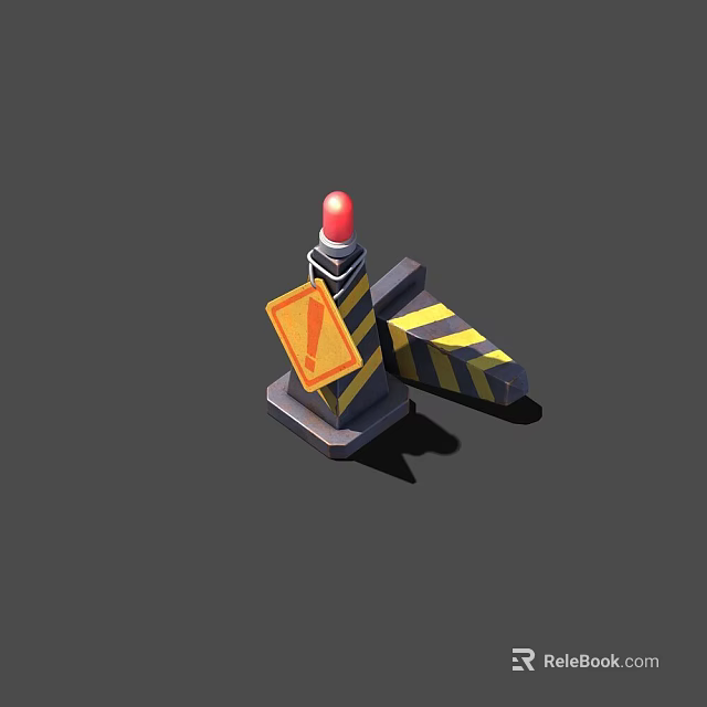 Road Warning Equipment With Red Signal Light Yellow Black Stripes And Caution Sign 3d model 