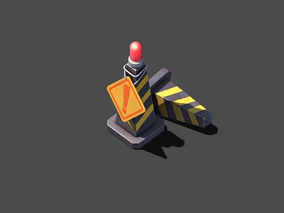 Road Warning Equipment With Red Signal Light Yellow Black Stripes And Caution Sign 3d model