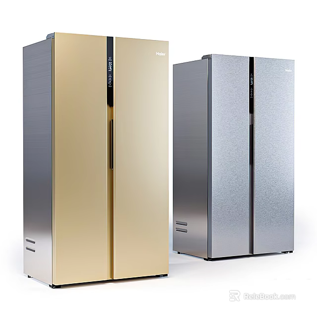 Modern Double Door Refrigerator Freezer with Silver and Golden Sleek Metal Finish Design 3d model 