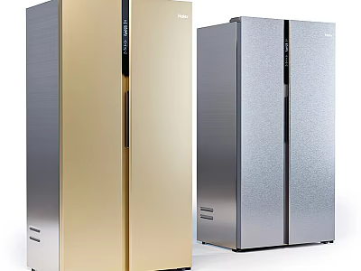Modern Double Door Refrigerator Freezer with Silver and Golden Sleek Metal Finish Design 3d model