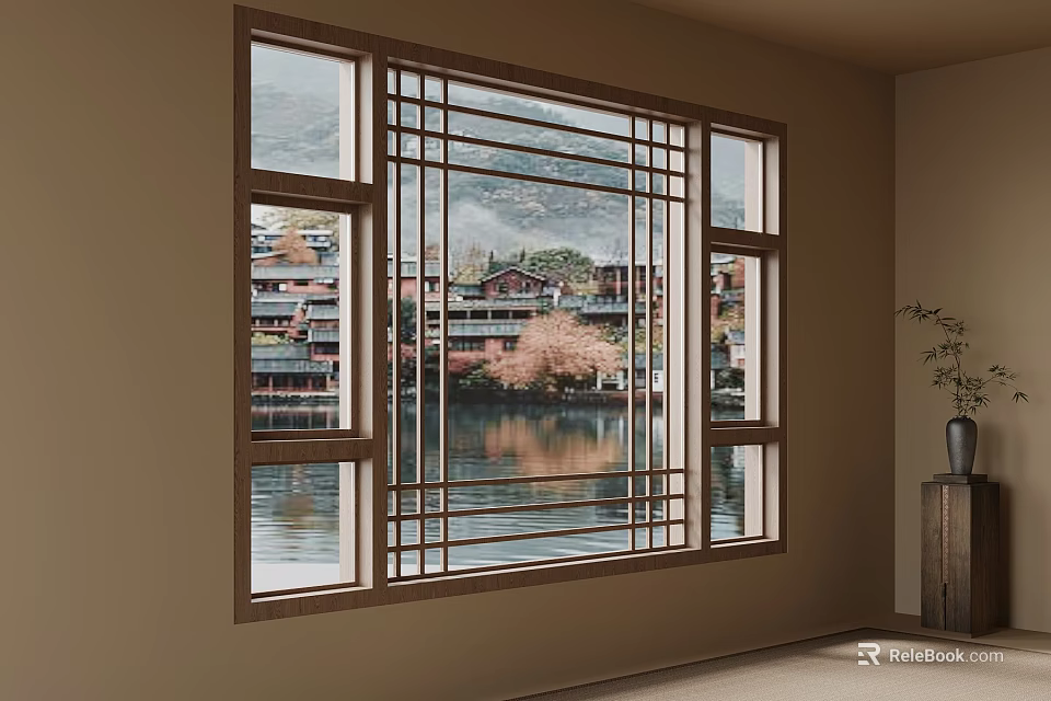 Room Interior with Wooden Frame Window View of Lake Traditional Buildings and Cherry Blossom Tree 3d model 
