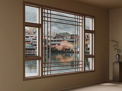 Room Interior with Wooden Frame Window View of Lake Traditional Buildings and Cherry Blossom Tree 3d model