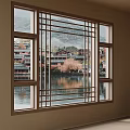 Room Interior with Wooden Frame Window View of Lake Traditional Buildings and Cherry Blossom Tree