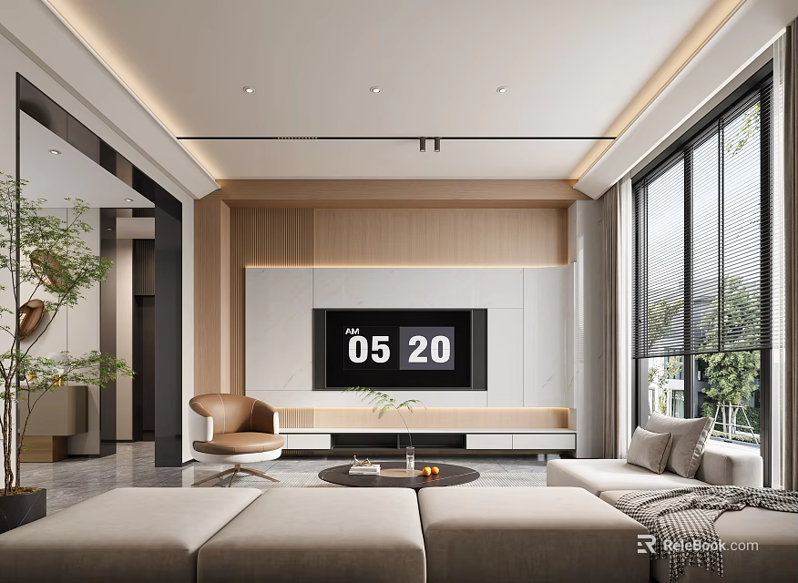 Modern Living Room Interior Design With Beige Sofa Wooden TV Wall And Large Windows 3d model 