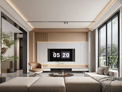 Modern Living Room Interior Design With Beige Sofa Wooden TV Wall And Large Windows 3d model