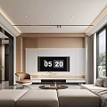Modern Living Room Interior Design With Beige Sofa Wooden TV Wall And Large Windows