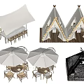Outdoor Tepee Tents with Decorative String Lights Tables Chairs and Umbrellas