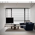 Modern Living Room Interior Design With Navy Blue Sofa TV And Window Blinds