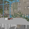 Courtyard Garden With Climbing Vines Flowering Roses Wicker Chair And Decorative Table Setup
