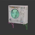 Old Outdoor Air Conditioner Fan Unit With Metal Stand And Surface Labels