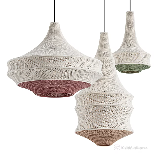 Modern Woven Pendant Lights with Layered Shades in White Pink and Green 3d model 