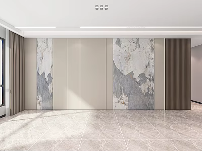 Modern Minimalist Sofa Backdrop Wall Design With Marble Texture Panel And Bright Lighting 3d model