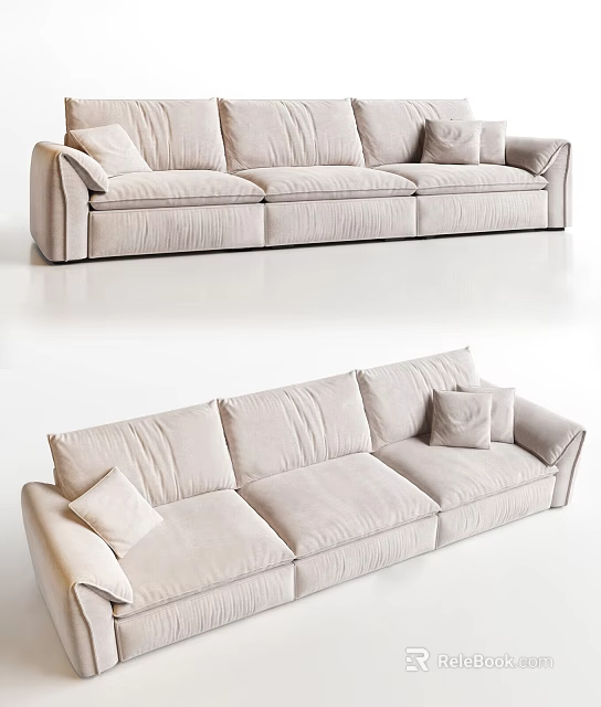 Light Beige Three Seater Sofa With Soft Fabric Upholstery And Decorative Cushions 3d model 