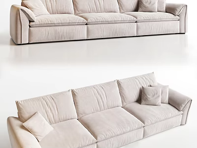 Light Beige Three Seater Sofa With Soft Fabric Upholstery And Decorative Cushions 3d model