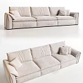 Light Beige Three Seater Sofa With Soft Fabric Upholstery And Decorative Cushions