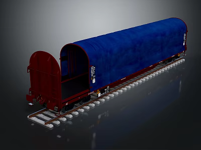 Red Train Carriage With Blue Tarpaulin Cover On Railway Tracks 3d model