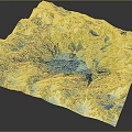 Garden Landscape with 3D Terrain Model Mountains Green Vegetation and Blue Water Areas