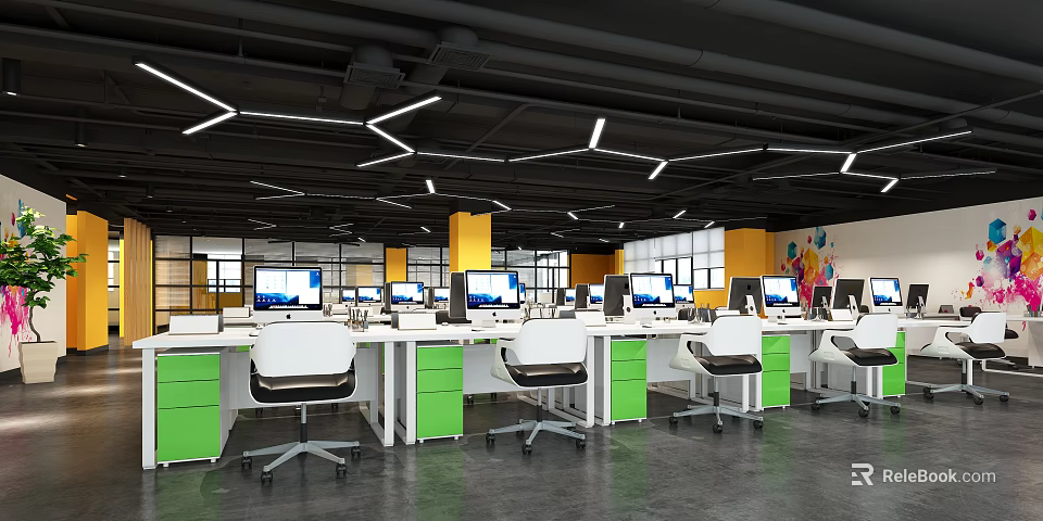 Modern Public Office Space With Green Cabinets White Chairs Computer Monitors And Geometric Ceiling Lights 3d model 