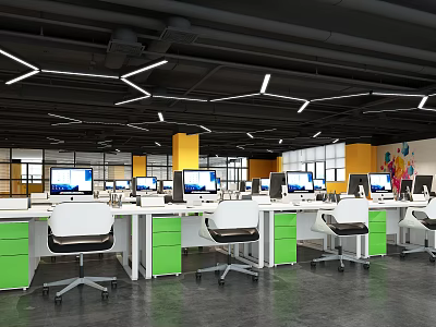 Modern Public Office Space With Green Cabinets White Chairs Computer Monitors And Geometric Ceiling Lights 3d model