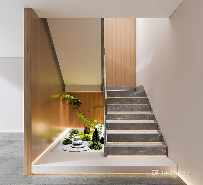 Modern Interior Gray Stone Stairs With Wooden Wall Panels Green Plants And Recessed Lighting 3d model 