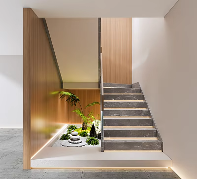 Modern Interior Gray Stone Stairs With Wooden Wall Panels Green Plants And Recessed Lighting 3d model