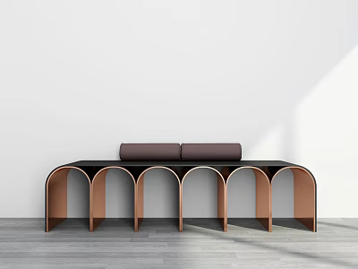 Modern Bench With Black Cushion And Copper Arched Frame Against White Wall Gray Floor 3d model