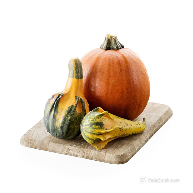 Fresh Pumpkins and Small Gourds on a Wooden Cutting Board White Background 3d model 