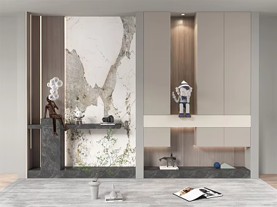 Modern Console Cabinet and Side Cabinet with Marble Wall and Wooden Storage Design 3d model