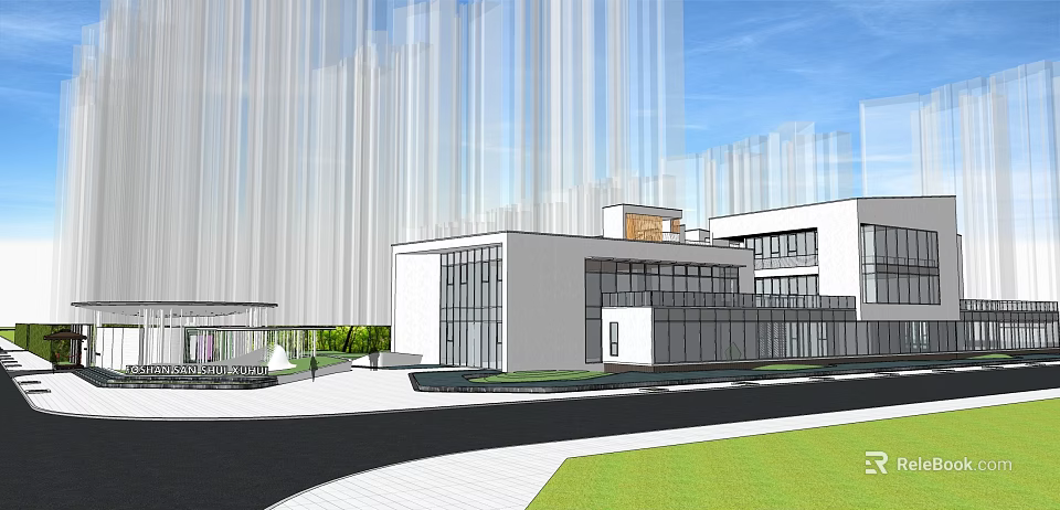 Modern Sales Office Building With Glass Curtain Wall White Exterior And Greenery 3d model 
