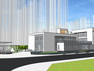 Modern Sales Office Building With Glass Curtain Wall White Exterior And Greenery 3d model