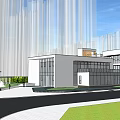 Modern Sales Office Building With Glass Curtain Wall White Exterior And Greenery
